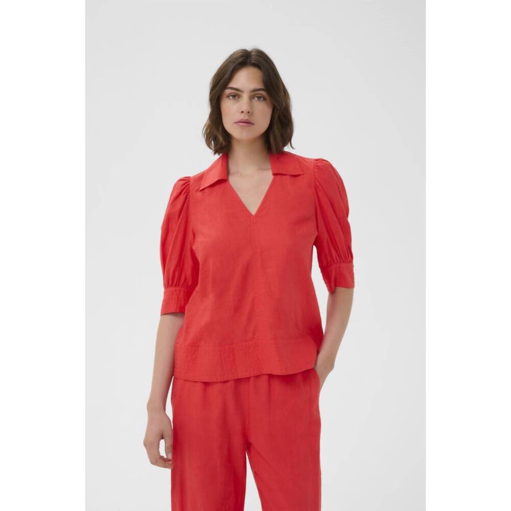 NEW INWEAR edith linen mix blouse in poppy red